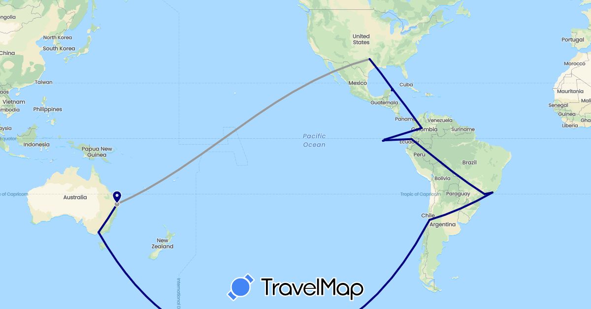 TravelMap itinerary: driving, plane in Australia, Brazil, Chile, Colombia, Ecuador, Mexico, United States (North America, Oceania, South America)